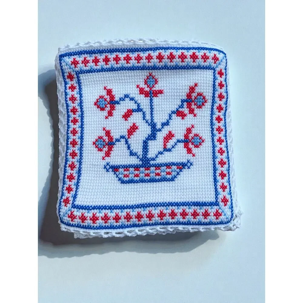 Vintage Handmade Crocheted Cross Stitch Afghan Scandinavian Folk Art 84”x60”